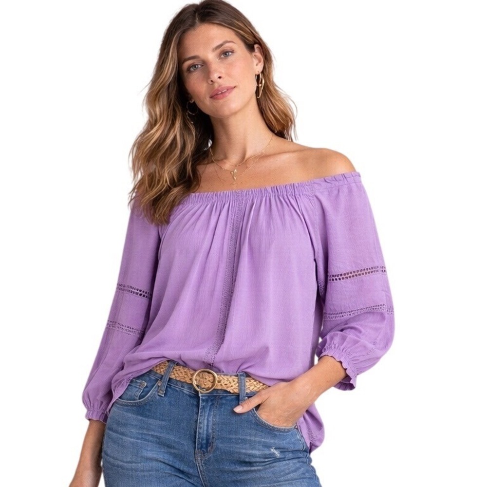 Ramy Brook Purple Off The Shoulder Embroidered Lace Blouse Small Boho Romantic